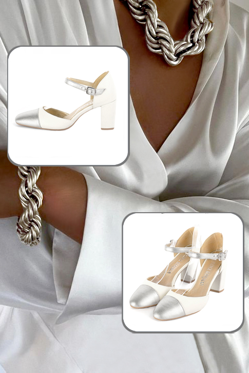 Women's silver and off white elegant closed-back heels, with an instep strap. Round toe. High block heels - Top view